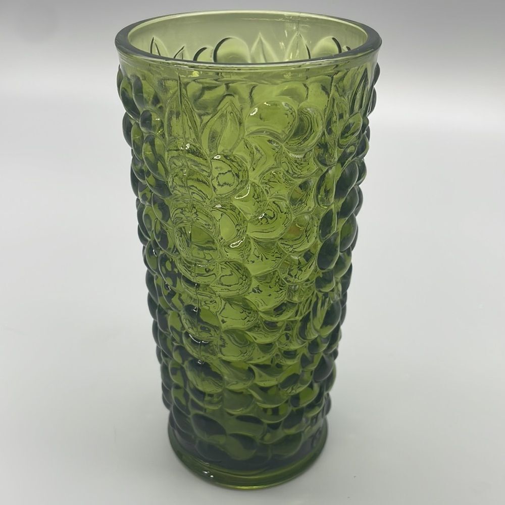 MCM Indiana Glass Vase Pressed Grape Pattern Avocado 1970s